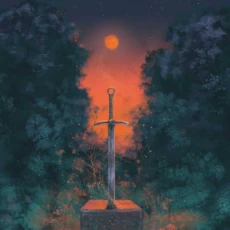 Incantesimo rosso luna spada bosco illustrazione digitale Federico Buratti